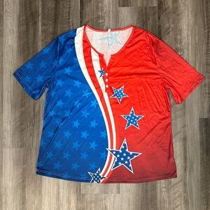Women’s Patriotic Star 4th of July Novelty Print Henley V Cut Top - 2XL